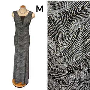 OLIVIA MATTHEWS Long Gown Size Medium Glittery Fabric Bodycon Plunge Flare Hem